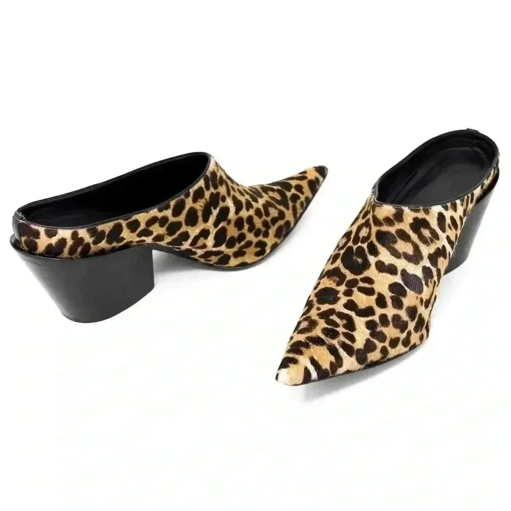 Haider Ackermann Leopard Print Pointed Mules‎ Size 38 Block Wedge Leather Heel